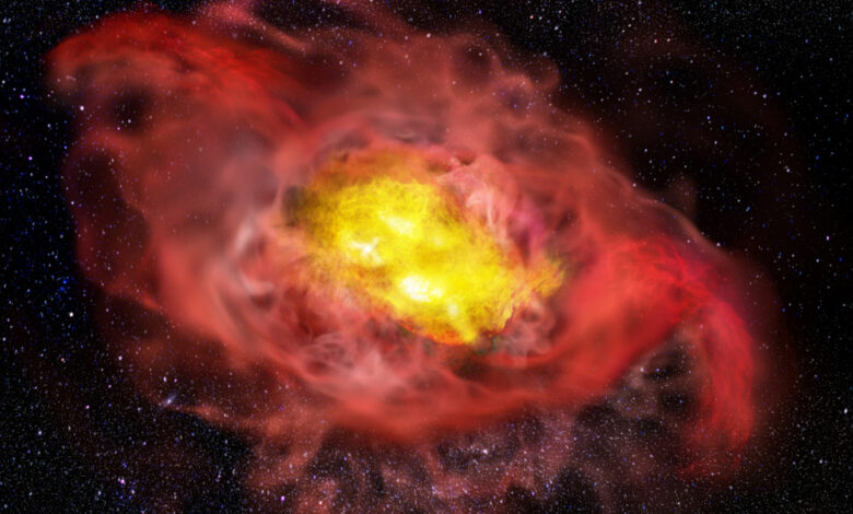 Eine ansonsten ruhige Galaxie im frühen Universum spuckt Sternenkram aus
