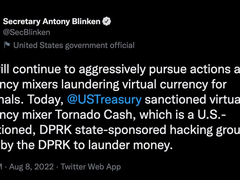Gelöschter Tweet des US-Außenministers.  Dies ist nicht das, was das Finanzministerium über Tornado Cash behauptet hat.